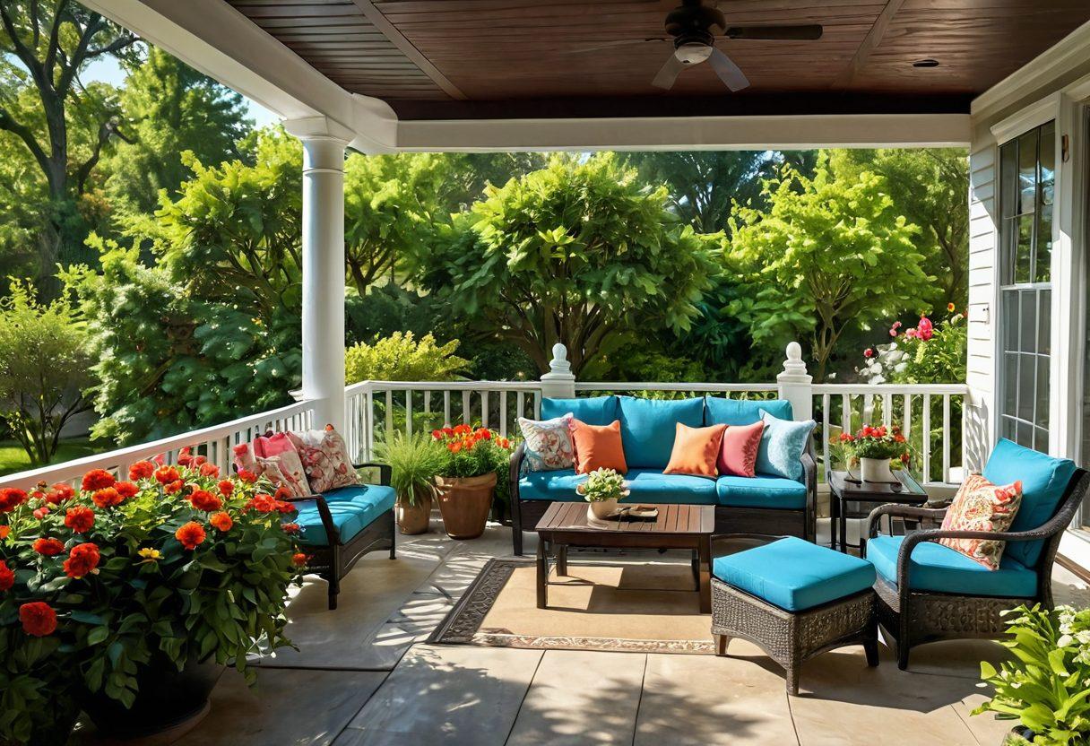 A picturesque outdoor scene showcasing a beautifully designed porch and patio with stylish covers, surrounded by lush greenery and blooming flowers. Include cozy furniture, like colorful cushions and elegant table settings, to emphasize comfort. Soft morning sunlight filtering through the covers creates a warm and inviting atmosphere. The background features a clear blue sky and distant trees, enhancing tranquility. super-realistic. vibrant colors. natural lighting.
