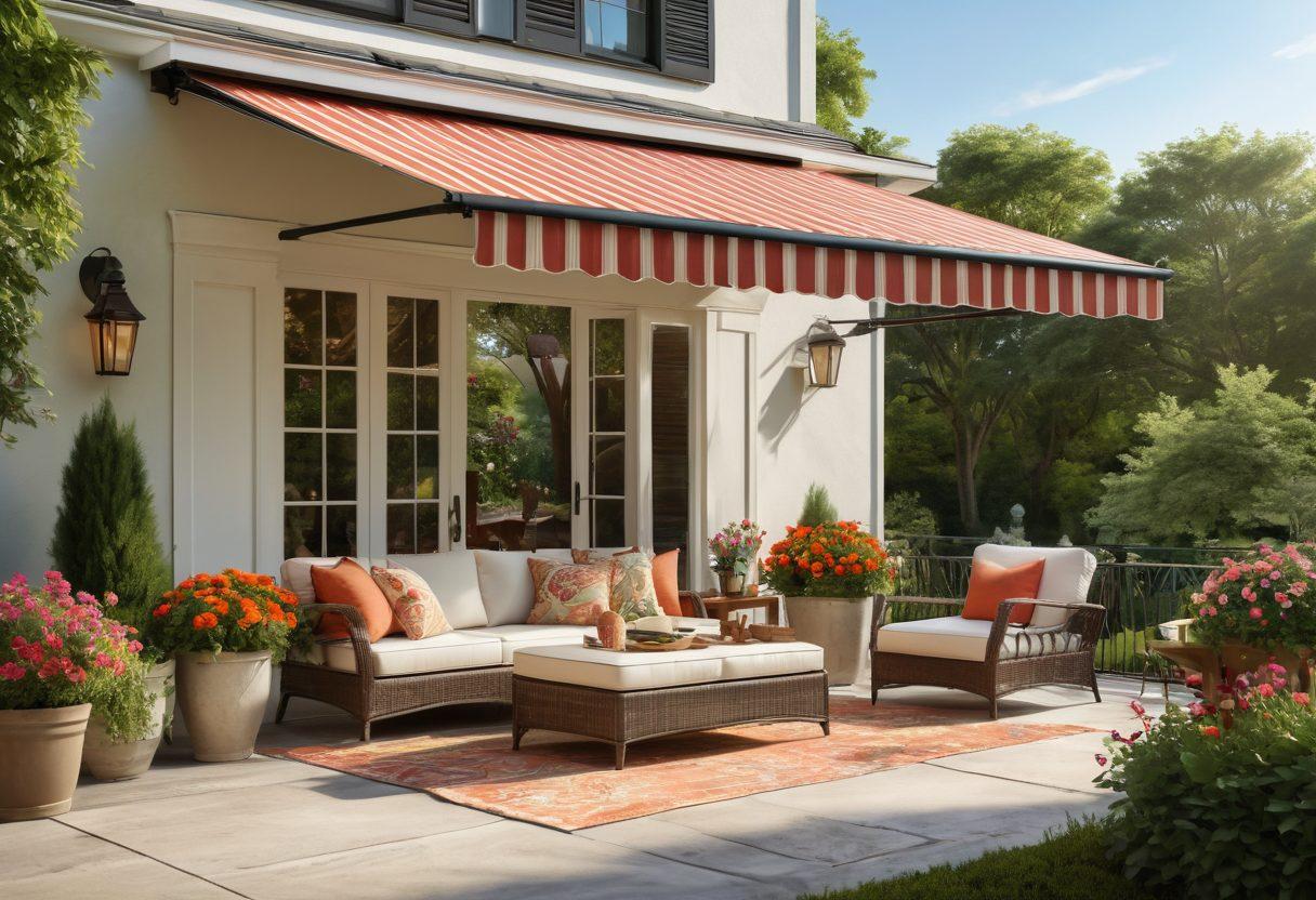 A beautifully designed outdoor space featuring elegant awnings over a cozy patio with stylish furniture, surrounded by lush greenery and colorful flowers. Sunlight filters through the fabric of the awning, creating a serene shade perfect for relaxation. Include a family enjoying their time together, adding warmth to the scene. Capture the essence of tranquility and outdoor living. vibrant colors. super-realistic.