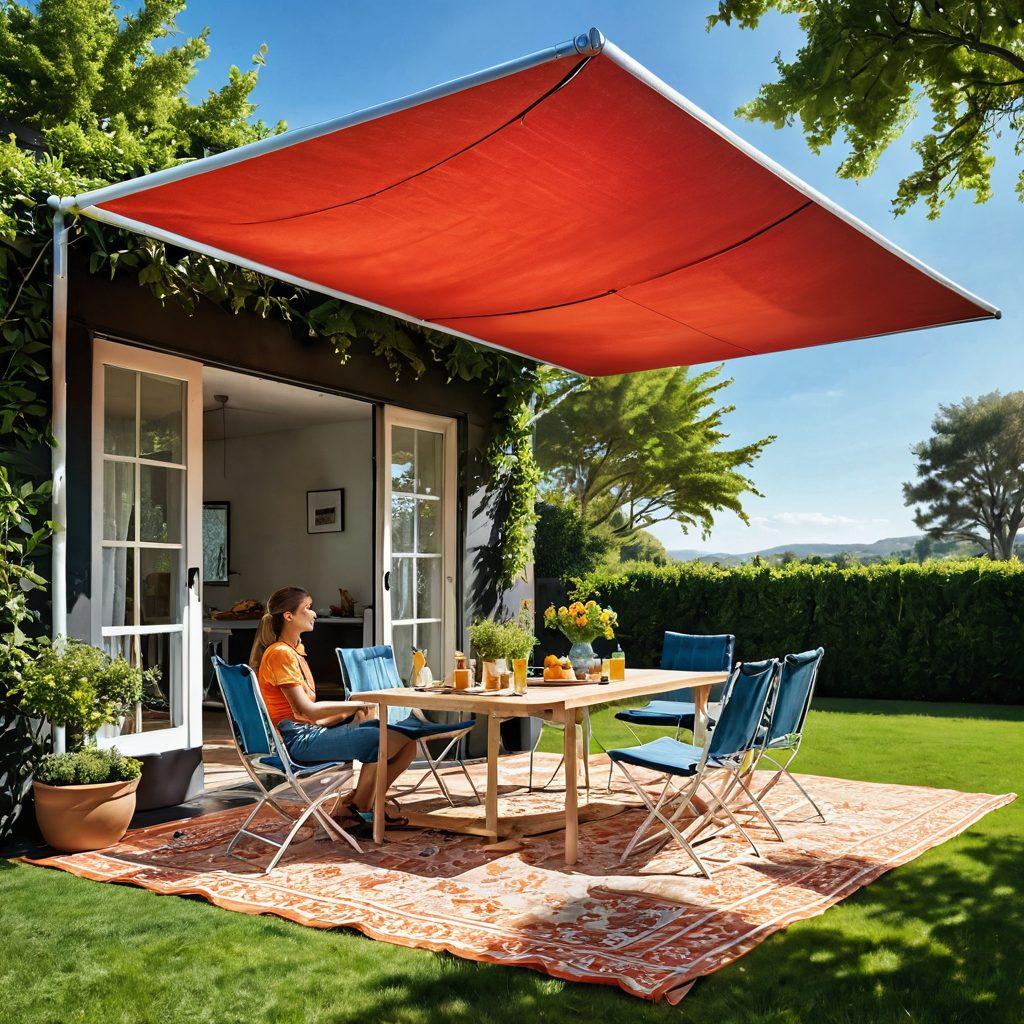A serene outdoor setting featuring a variety of stylish awnings and canopies, showcasing their vibrant colors and unique designs. Sunlight is filtered through the fabric, creating beautiful patterns on the ground, while a family enjoys a picnic underneath one of the canopies. The background includes clear blue skies and lush greenery, emphasizing a protective yet inviting atmosphere. super-realistic. vibrant colors. sunny day.